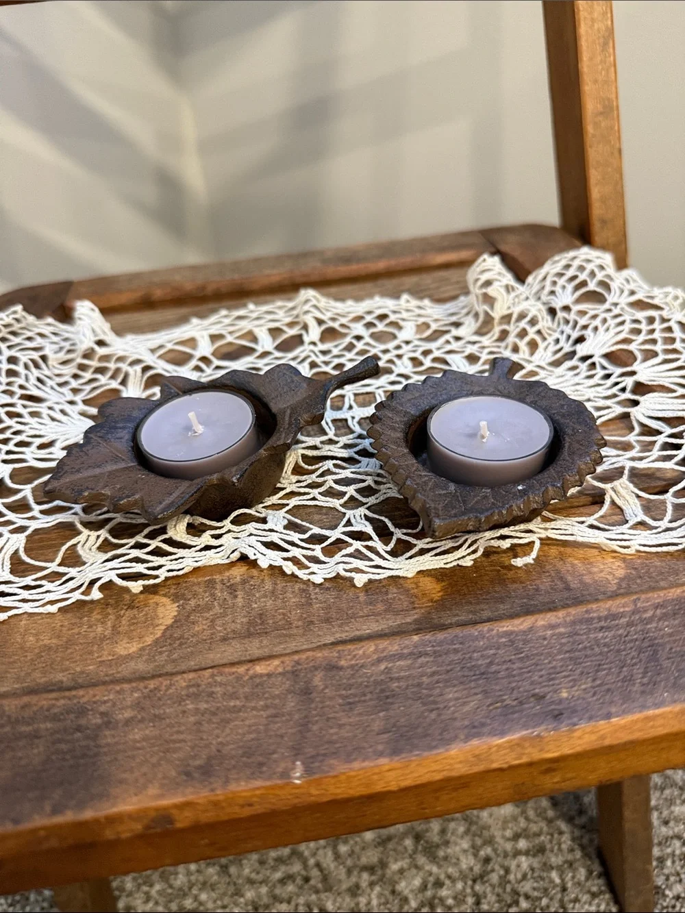 Vintage Rustic Metal Leaf Tealight Candle Holders Set of 2 Farmhouse Decor